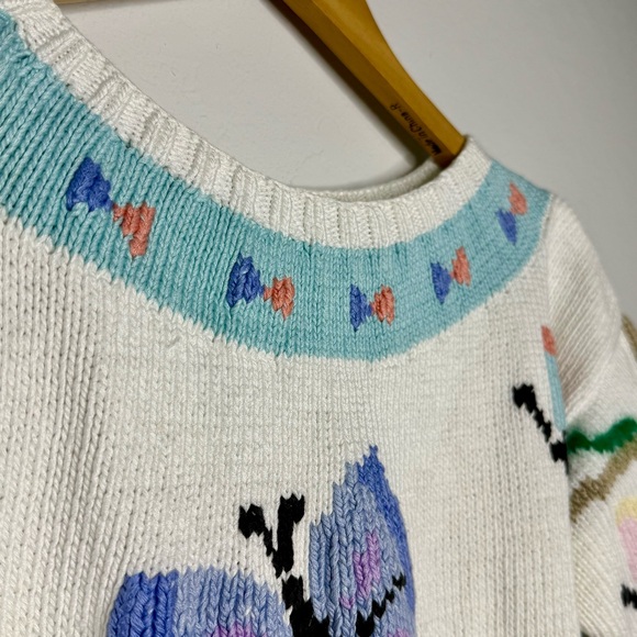 BEREK Vintage Hand Knit 100% Cotton Butterfly Patterned White Sweater - Picture 3 of 4